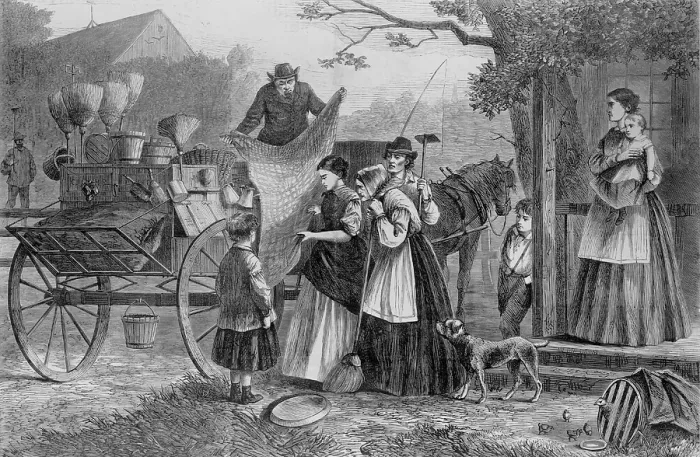 Framed Print : Rural women examining the wares offered by the peddler. Many Jewish immigrants started their retail careers as peddlers throughout rural America. Ca. 1860s