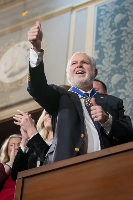Framed Print : Rush Limbaugh, recently diagnosed with advanced lung cancer, gives a thumbs-up to President Donald Trump from the House Gallery, Feb. 4, 2020