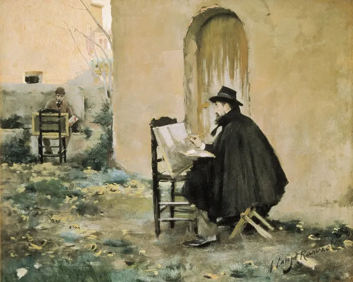 Framed Print : RUSInOL i PRATS, Santiago (1861-1931); CASAS i CARBO, Ramon (1866-1932). Rusinol and Casas painting. 1890. Rusinol and Casas painting. Modernism. Oil on canvas. SPAIN. Sitges