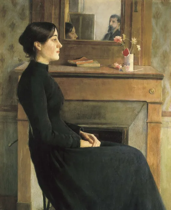 Framed Print : RUSIOL i PRATS, Sainttiago (1861-1931). Portrait of a Woman. 1894. The painter's figure is reflected on the mirror. Modernism. Oil on canvas. SPAIN. Barcelona