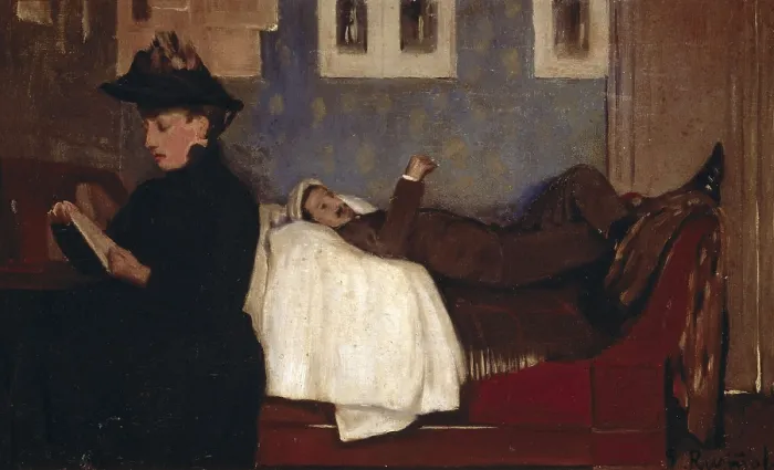Framed Print : RUSIOL i PRATS, Sainttiago (1861-1931). Paris Studio. c.1892. The figure of the couch seems to be Miguel Utrillo. Modernism. Oil on canvas