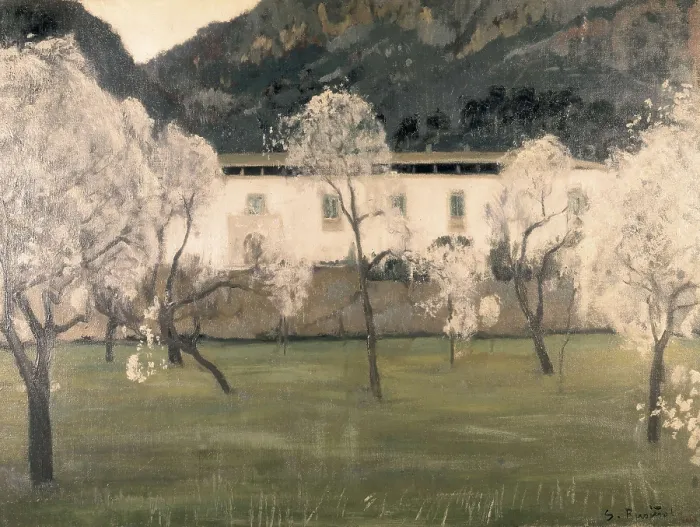 Framed Print : RUSIOL i PRATS, Sainttiago (1861-1931). Lanscape with flowered almond trees. s.XIX-s.XX. Modernism. Oil on canvas. SPAIN. Barcelona. National Art Museum of Catalonia