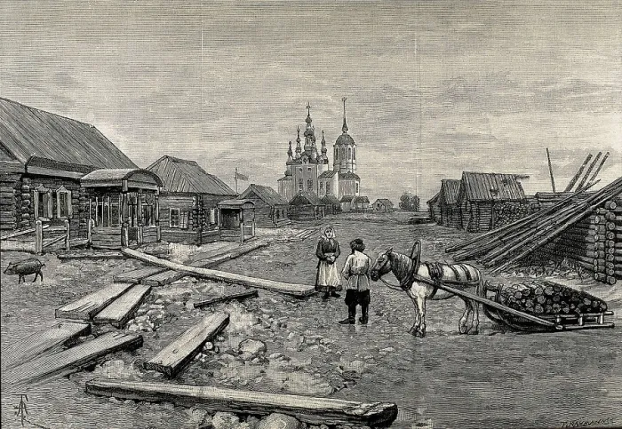 Framed Print : Russia (1891). Picking up wood for the winter in Wecheimbakskoi (Siberia). Engraving after a drawing by Julius M. Price. Etching. AISA / Everett Collection**US SALES ONLY**