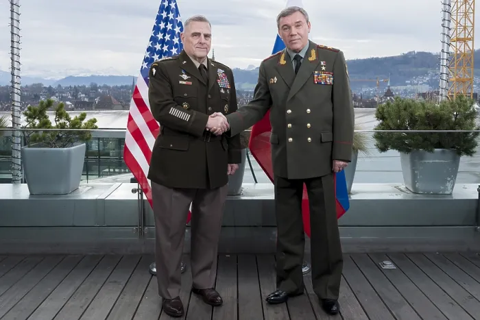 Framed Print : US and Russian army chiefs, Chairman of the Joint Chiefs of Staff Gen. Mark A. Milley and Russian General Staff Gen. Valery Gerasimov meet in Bern, Switzerland, Dec