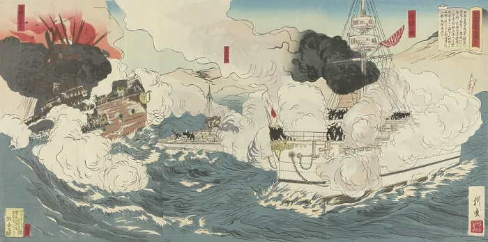 Framed Print : Russian cruiser Varyag (right) under fire by Japanese during the Battle of Chemulpo Bay, Feb. 9, 1905
