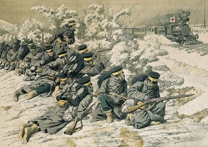 Framed Print : Russian-Japanese War (1904-1905). Japanese soldiers disembarked in Port Adams firing against a hospital-train coming from Port Arthur. Picture of 'Le Petit Journal'