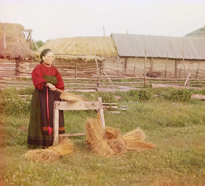 Framed Print : Russian peasant woman braking dried flax in a scutcher, to remove the flax's woody outer lay, leaving only the fibers. 1910 special process color photo Sergei Prokudin-Gorskii