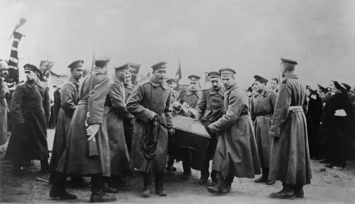Framed Print : Russian Revolution. Funeral of 182 persons killed by Czarist police on Feb. 26, 1917. Soldiers carrying coffin, St. Petersburg, Russia. (BSLOC_2013_4_208)