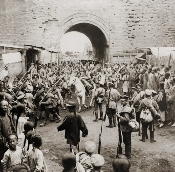 Framed Print : Russian soldiers passing through the gates of Mukden, Manchuria, during the Russo-Japanese War, possibly in Feb. 1905