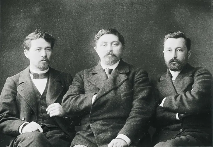 Framed Print : The Russian writers Anton Pavlovich Chekhov (left), Dmitry Narkisovich Mamin-Sibiryak (middle) and Ignatius Potapenko (1896). AISA / Everett Collection**US SALES ONLY**