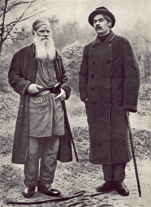 Framed Print : Russian writers, Maxim Gorky and Count Leo Tolstoy on the estate Yasnaya Polyana in 1900. Gorky gained recognition in Russia with his first book ESSAYS AND STORIES, 1898 Framed Print : Russian writers, Maxim Gorky and Count Leo Tolstoy on the estate Yasnaya Polyana in 1900. Gorky gained recognition in Russia with his first book ESSAYS AND STORIES, 1898