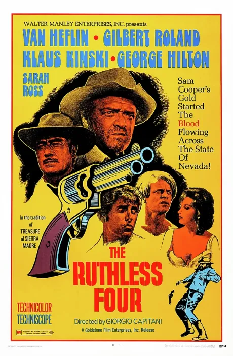 Framed Print : THE RUTHLESS FOUR, US poster art, from left: Gilbert Roland, Van Heflin, George Hilton, Klaus Kinski, Sarah Ross, 1968
