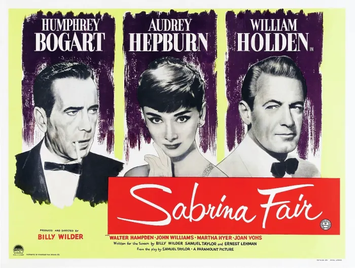 Framed Print : SABRINA, British poster, l-r: Humphrey Bogart, Audrey Hepburn, William Holden, 1952