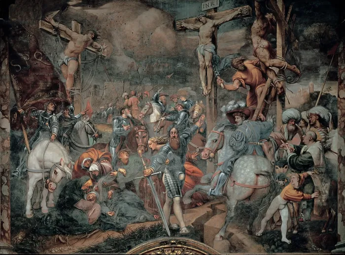 Framed Print : Sacchis Giovanni Antonio de known as il Pordenone, Scenes from the Life of Christ: Crucifixion, 1520 - 1522, 16th Century, fresco, Italy, Lombardy, Cremona, Cathedral