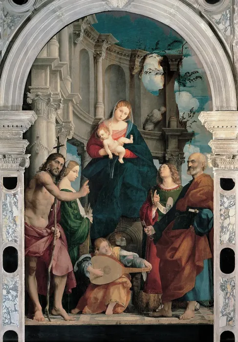 Framed Print : Sacchis Giovanni Antonio de known as il Pordenone, Enthroned Madonna with St John the Baptist, St Catherine, St Daniel and St Peter, 16th Century, panel, Italy, Veneto, Susegana Framed Print : Sacchis Giovanni Antonio de known as il Pordenone, Enthroned Madonna with St John the Baptist, St Catherine, St Daniel and St Peter, 16th Century, panel, Italy, Veneto, Susegana