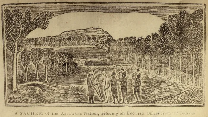 Framed Print : A sachem of the Abenakee Nation rescuing an English officer from the Indians. woodcut, 1768