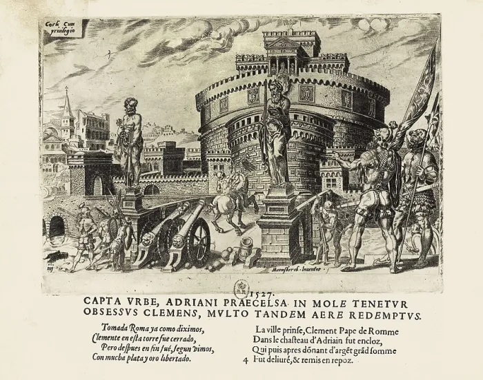 Framed Print : Sack of Rome or 'Sacco di Roma' (1527). Charles V's mutinous troops watch over Castel Samt'Angelo, where Pope Clement VII was imprisoned. Xylography. FRANCE