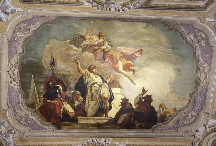 Framed Print : Sacrifice of Iphigenia, by Francesco Fontebasso, 18th Century, canvas on ceiling - Italy, Veneto, Venice, Contarini del Bovolo Palace. Whole artwork view