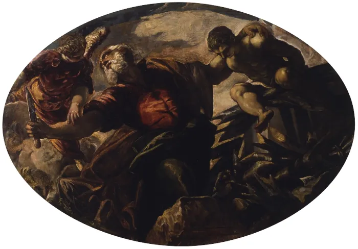 Framed Print : The Sacrifice of Isaac (Il sacrificio di Isacco), by Jacopo Robusti known as Tintoretto, 1577, 16th century, fresco. - Italy, Veneto, Venice, Scuola Grande di San Rocco