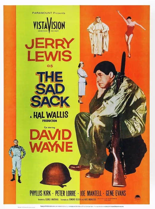 Framed Print : THE SAD SACK, US poster art, Peter Lorre, (second from top right), Phyllis Kirk, (center), David Wayne, (bottom left), Jerry Lewis, (right), 1957