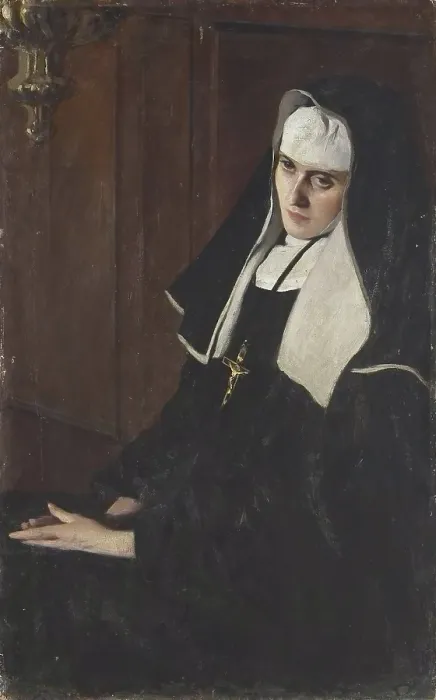 Framed Print : Sad Thoughts (Meste rimembranze), by Amero Cagnoni, 1893 - 1894, 19th Century, oil on canvas - Italy, Lombardy, Milan, Brera Collection. Whole artwork view. A nun deep in thought