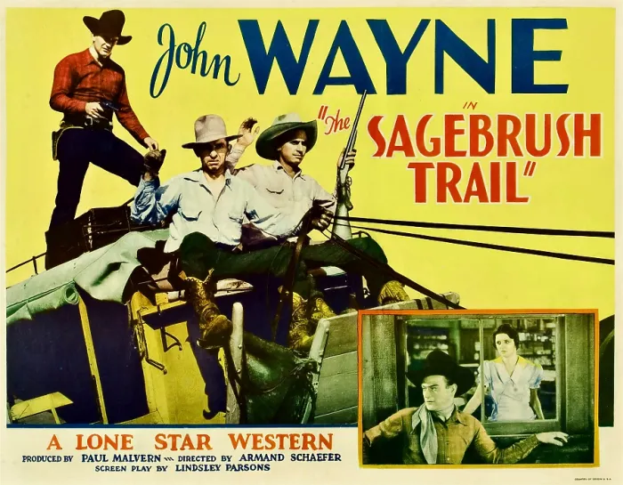 Framed Print : SAGEBRUSH TRAIL, top left: John Wayne, inset from left: John Wayne, Nancy Shubert, 1933 Framed Print : SAGEBRUSH TRAIL, top left: John Wayne, inset from left: John Wayne, Nancy Shubert, 1933