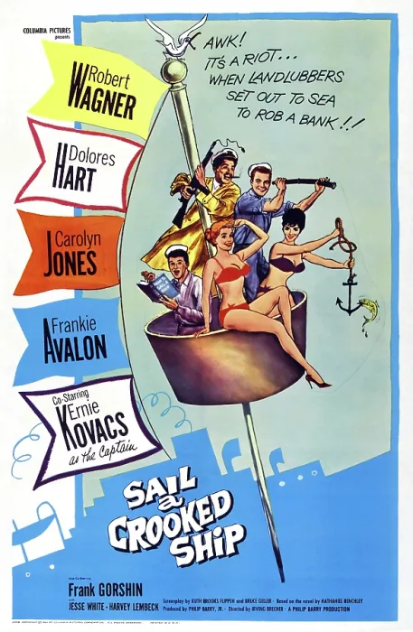 Framed Print : SAIL A CROOKED SHIP, US poster, front from left: Frankie Avalon, Dolores Hart, Carolyn Jones, rear from left: Ernie Kovacs, Robert Wagner, 1961 Framed Print : SAIL A CROOKED SHIP, US poster, front from left: Frankie Avalon, Dolores Hart, Carolyn Jones, rear from left: Ernie Kovacs, Robert Wagner, 1961
