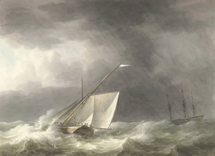 Framed Print : Two Sailing Ships in Rough Seas, by Martinus Schouman, 1803, Dutch watercolor painting. (BSLOC_2016_1_206) Framed Print : Two Sailing Ships in Rough Seas, by Martinus Schouman, 1803, Dutch watercolor painting. (BSLOC_2016_1_206)