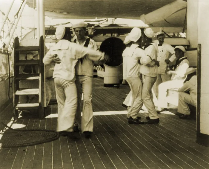 Framed Print : Sailors aboard the USS OLYMPIA waltzing at tiffin (lunch time), 1899