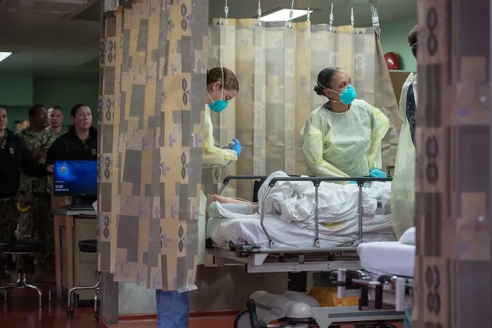 Framed Print : US sailors on the hospital ship USNS Mercy admit a patient in Los Angeles, March 29, 2020