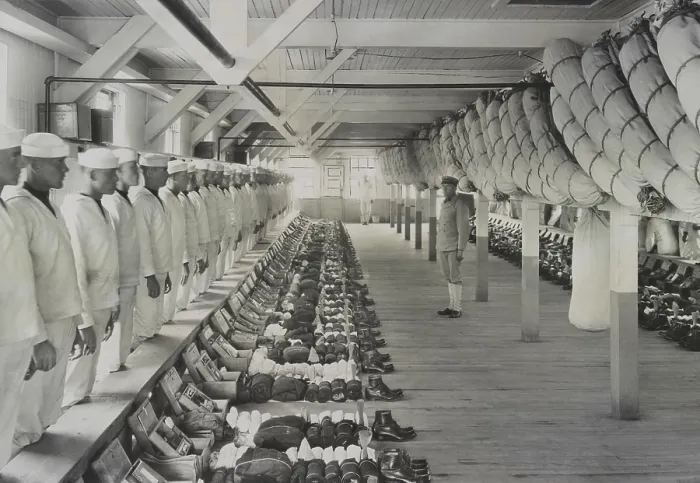 Framed Print : Sailors undergo a sea bag inspection at U.S. Naval Training Station, Cape May, in May 1918. Men stand at attention as officer inspects their clothing and supplies Framed Print : Sailors undergo a sea bag inspection at U.S. Naval Training Station, Cape May, in May 1918. Men stand at attention as officer inspects their clothing and supplies