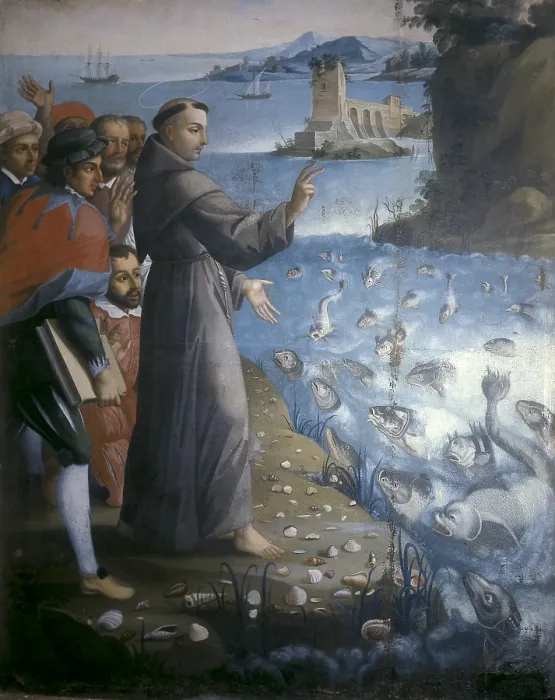 Framed Print : Saint Anthony of Padua preaching to the fishes, 1779. Painting by Bernardo Rodriguez. Quito School. Colonial baroque. Painting. ECUADOR. Quito. Convent of San Francisco