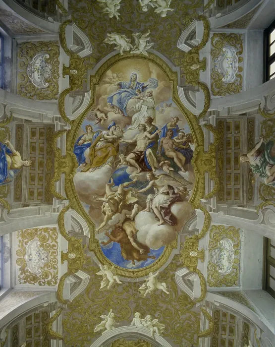 Framed Print : Saint Bruno Interceding with the Virgin Mary for Suffering Mankind, by Paolo De Matteis, 1699, 17th Century, fresco - Italy, Campania, Naples, Saint Martin Museum, Farmacia