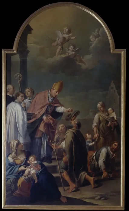 Framed Print : Saint Carl ministers Poor People (San Carlo assiste i poveri), by Antonio Rossi, 18th Century, oil on canvas - Italy, Emilia Romagna, Cento, Civic Collections. Whole artwork view