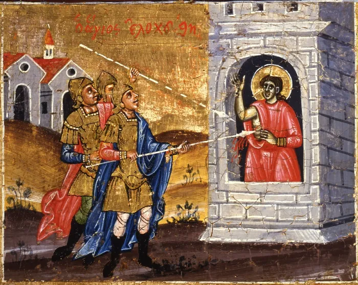 Framed Print : Saint Demetrio, by Joani etiri, 17th Century, tempera on wood - Albania, Tirana, Institute for Cultural Monuments. Detail. Side episode depicting the martyrodome of the saint Framed Print : Saint Demetrio, by Joani etiri, 17th Century, tempera on wood - Albania, Tirana, Institute for Cultural Monuments. Detail. Side episode depicting the martyrodome of the saint