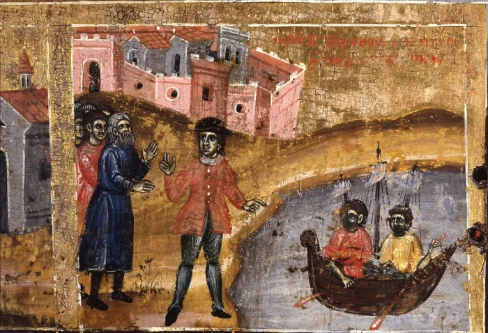 Framed Print : Saint Demetrius, by Joan etiri, tempera on wood - Albania, Tirana, Institute of Cultural Monuments. Detail. Side episode with the transport of wheat to Thessaloniki