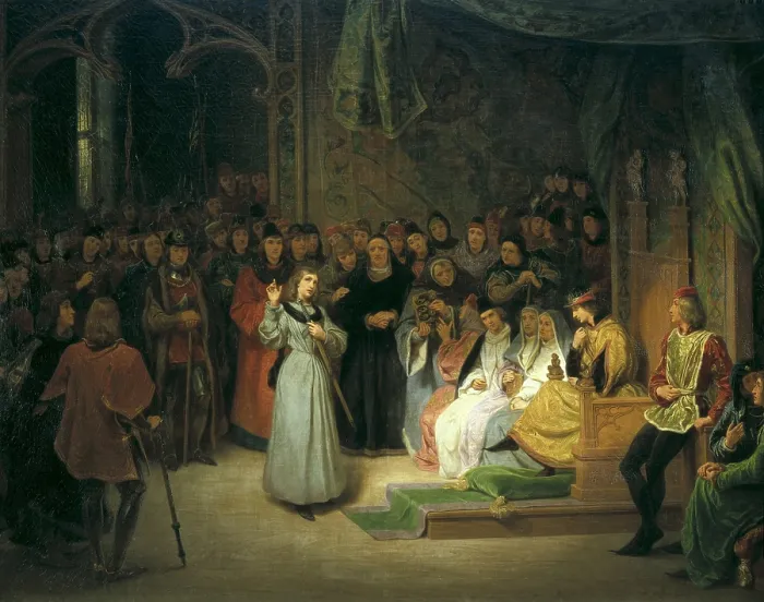 Framed Print : SAINT-EVRE, Gillot (1791-1858). Joan of Arc before Charles VII. 1833. Romanticism. Oil on wood. FRANCE. Paris. Louvre Museum Framed Print : SAINT-EVRE, Gillot (1791-1858). Joan of Arc before Charles VII. 1833. Romanticism. Oil on wood. FRANCE. Paris. Louvre Museum