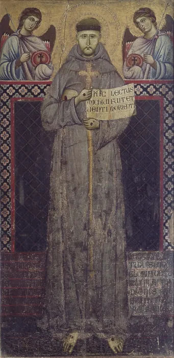 Framed Print : Saint Francis and the Angels, by Master of Saint Francis, 13th century, tempera on board - Italy, Umbria, Assisi, Basilica of Santa Maria degli Angeli. Whole artwork view