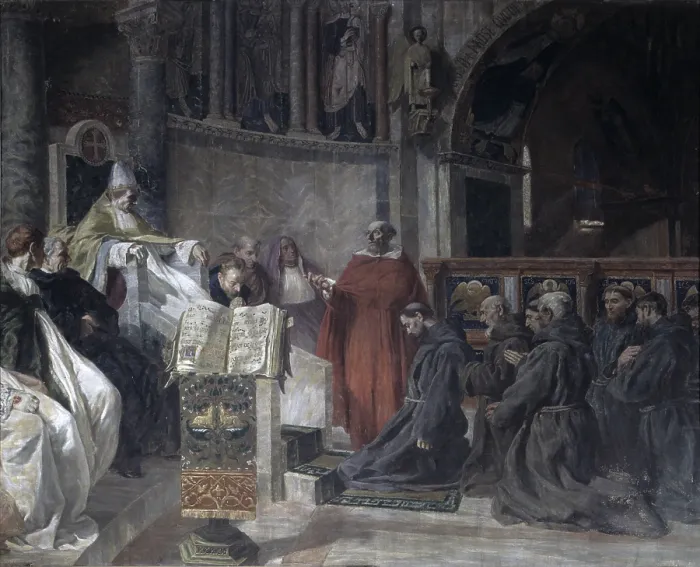 Framed Print : Saint Francis before Pope Innocent the Third, by Vittorio Emanuele Bressanin, 1898, 19th Century, canvas - Italy, Veneto, Rovigo, Church of the Saints Francis and Justine