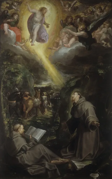 Framed Print : Saint Francis receiving the Stigmata (San Francesco riceve le stimmate), by Filippo Bellini, end of the 16th Century, oil on canvas, 335 x 225 cm - Italy, Emilia ROmagna, Faenza
