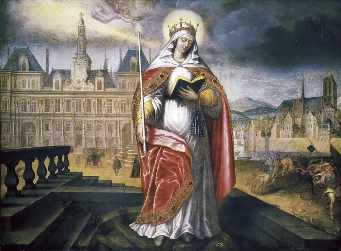 Framed Print : Saint Genevive. 17th c. Patron saint fo Paris. Portrait before the Htel de Ville. Baroque art. Oil on canvas. FRANCE. Paris. Muse Carnavalet (Carnavalet Museum)