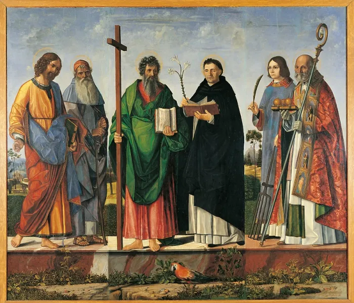 Framed Print : Saint James the Elder, Anthony Abbot, Andrew the Apostle, Dominic de Guzman, Lawrence and Nicholas of Bari, by Vittore Carpaccio, 1500, 16th Century, oil on panel - Italy Framed Print : Saint James the Elder, Anthony Abbot, Andrew the Apostle, Dominic de Guzman, Lawrence and Nicholas of Bari, by Vittore Carpaccio, 1500, 16th Century, oil on panel - Italy