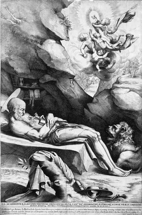 Framed Print : Saint Jerome (347-410), depicted as a hermit and ascetic at the time of his death. Jerome was among the most important Church Fathers of the Late Roman Empire. 1614 engraving Framed Print : Saint Jerome (347-410), depicted as a hermit and ascetic at the time of his death. Jerome was among the most important Church Fathers of the Late Roman Empire. 1614 engraving