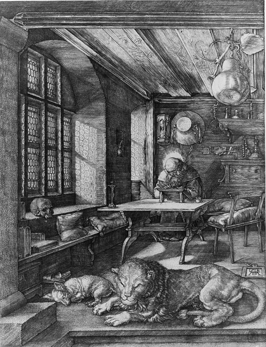 Framed Print : Saint Jerome (347-410), depicted as a scholar in his study, translating the Bible into Latin. Jerome was among the most important Church Fathers of the Late Roman Empire