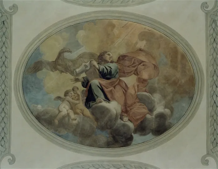 Framed Print : Saint John the Evangelist, by Vittorio Maria Bigari, 18th Century, fresco - Italy, Emilia Romagna, Rimini, Church of Saint Augustine. Detail