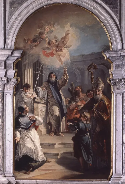 Framed Print : Saint Lawrence Giustiniani and other Saints, by Francesco Fontebasso, 18th Century, canvas - Italy, Veneto, Venice, Church of San Salvador. Whole artwork view