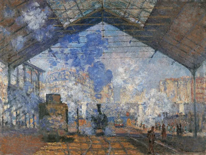 Framed Print : Saint Lazare Station, by Claude Monet, 1877, 19th Century, oil on canvas, 75, 5 x 104 cm - France, Paris, Muse d'Orsay. Detail. A smoking train eneters the station Framed Print : Saint Lazare Station, by Claude Monet, 1877, 19th Century, oil on canvas, 75, 5 x 104 cm - France, Paris, Muse d'Orsay. Detail. A smoking train eneters the station