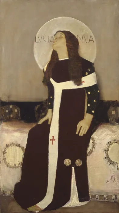 Framed Print : Saint Lucia, by Giulio Bargellini, 1905, 20th Century, oil on canvas - Private collection. Whole artwork view. The saint with blind eyes facing high Framed Print : Saint Lucia, by Giulio Bargellini, 1905, 20th Century, oil on canvas - Private collection. Whole artwork view. The saint with blind eyes facing high