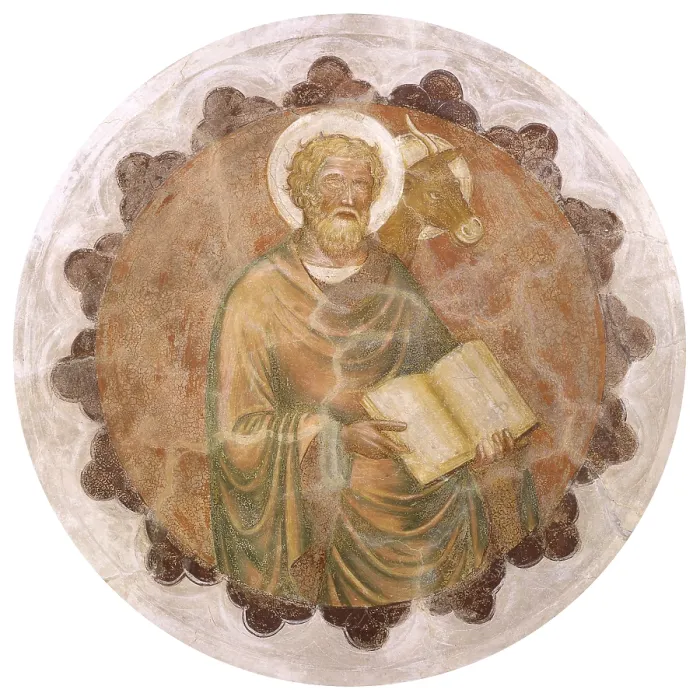 Framed Print : Saint Luke, by Master from Velo d'Astico, Battista da Vicenza, 1400 - 1438, 15th Century, fresco - Italy, Veneto, Velo d'Astico, Seghe, Church of Saint George
