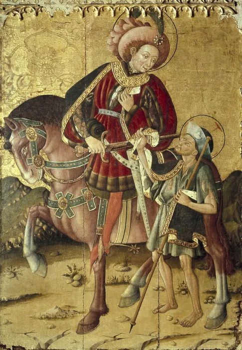 Framed Print : Saint Martin cutting his cloak. Middle 15th century. Aragonese school. Gothic art. Tempera on wood. SPAIN. Barcelona. National Art Museum of Catalonia. - P Framed Print : Saint Martin cutting his cloak. Middle 15th century. Aragonese school. Gothic art. Tempera on wood. SPAIN. Barcelona. National Art Museum of Catalonia. - P